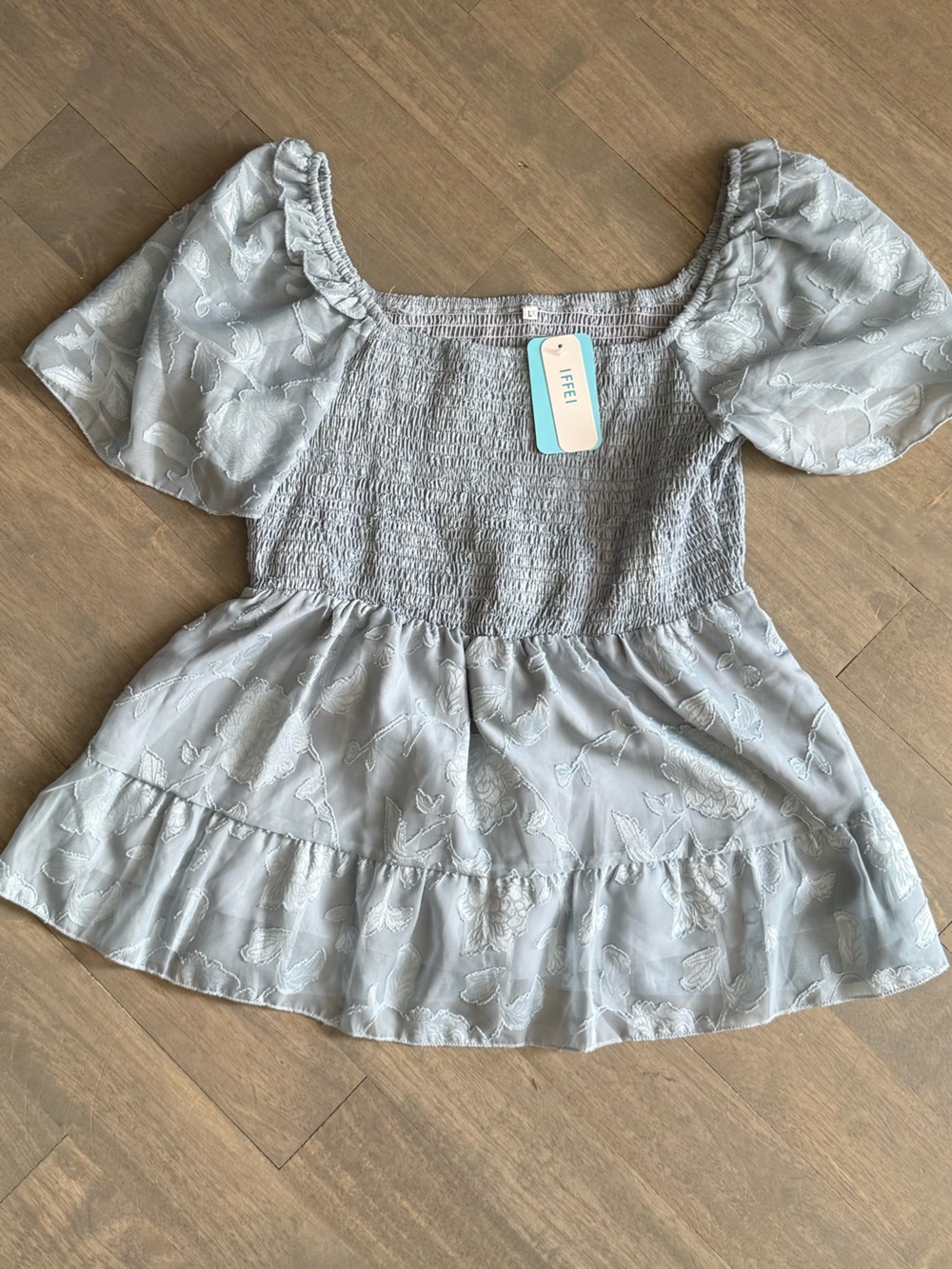 IFEI Light Wash Blue Smocked Peasant Top
